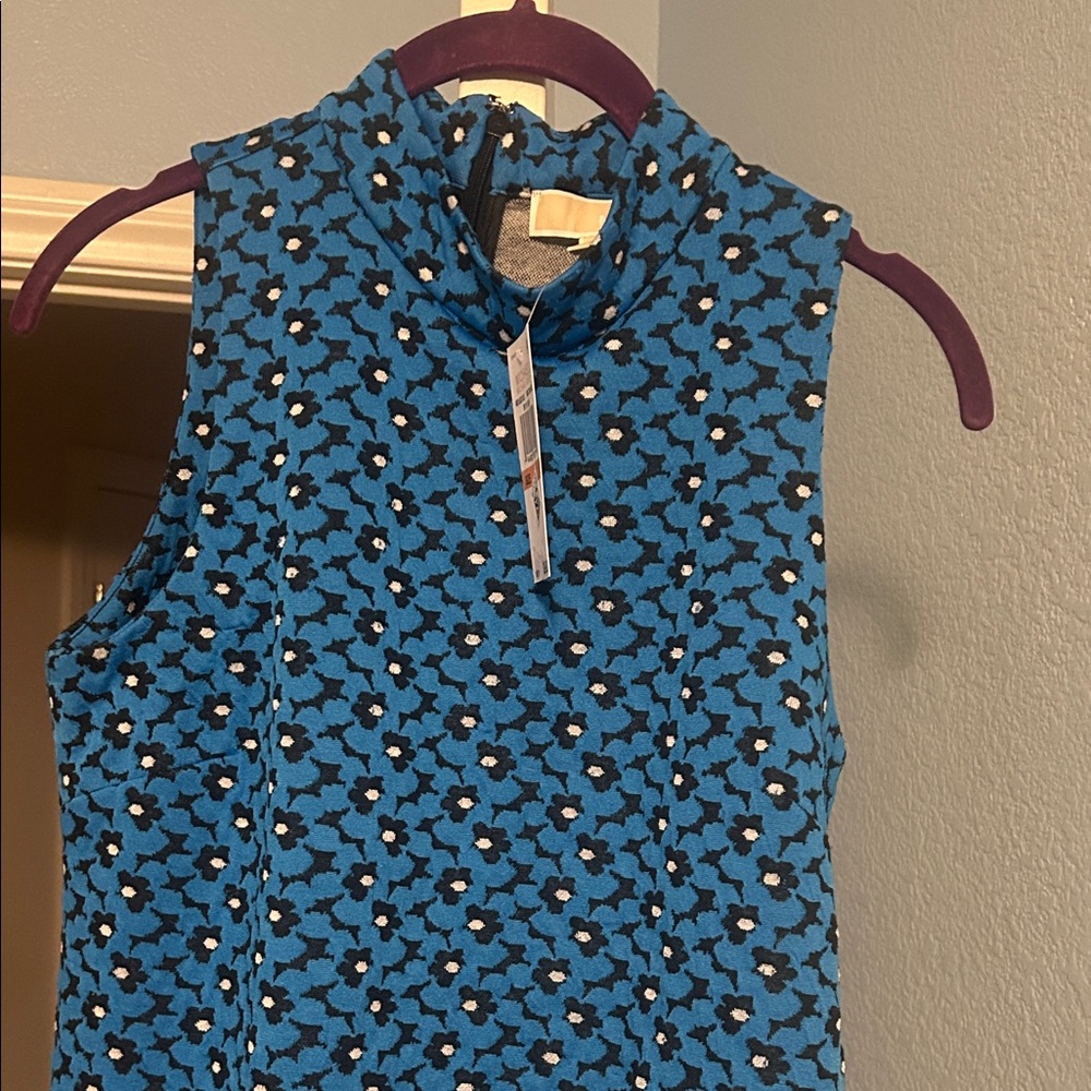 Michael Kors Blue Floral Knit Sleeveless Top with High Neck